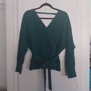 ZESICA Wrap V Neck Long Batwing Sleeve Belted Waist Ruffle Knitted Sweater